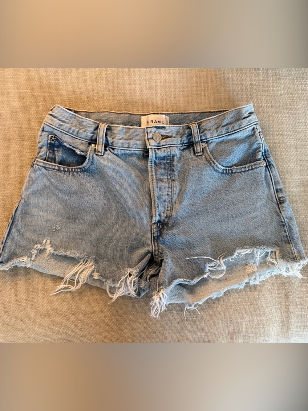Frame Denim Light Wash Frayed Hem Jean Shorts